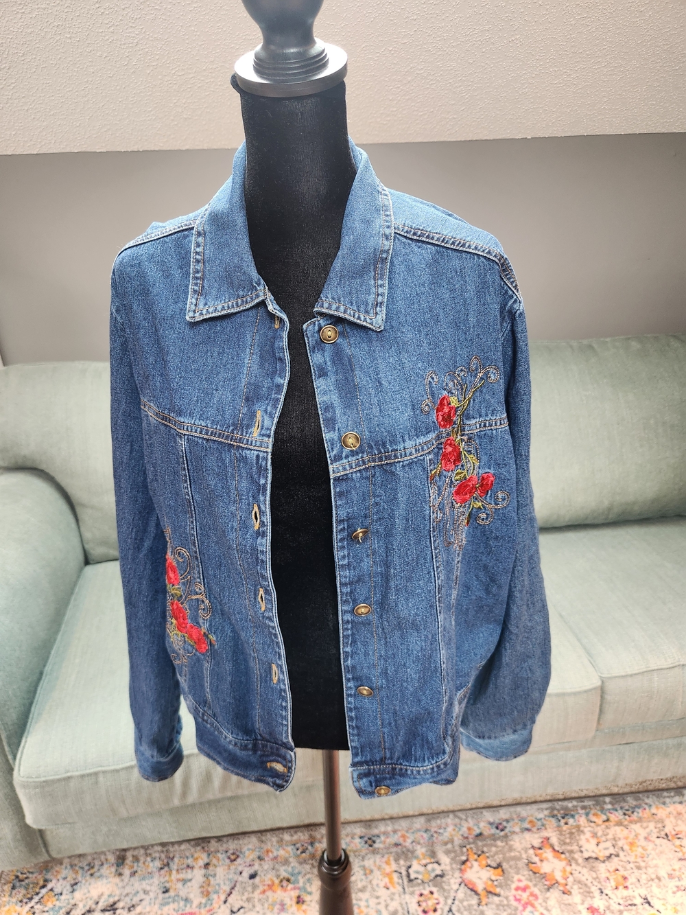 Studio Ease Denim Jacket with Red Floral Rose Embroidery Large Gorgeous!